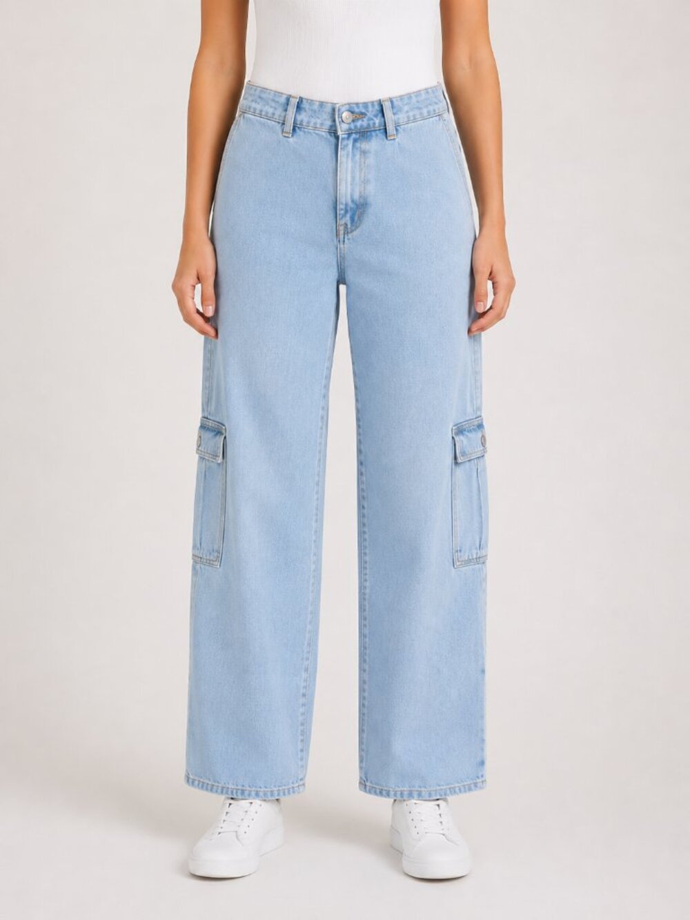 Princess Polly 100% Cotton High Rise Wide Leg Cargo Jeans Light Wash | Size 4